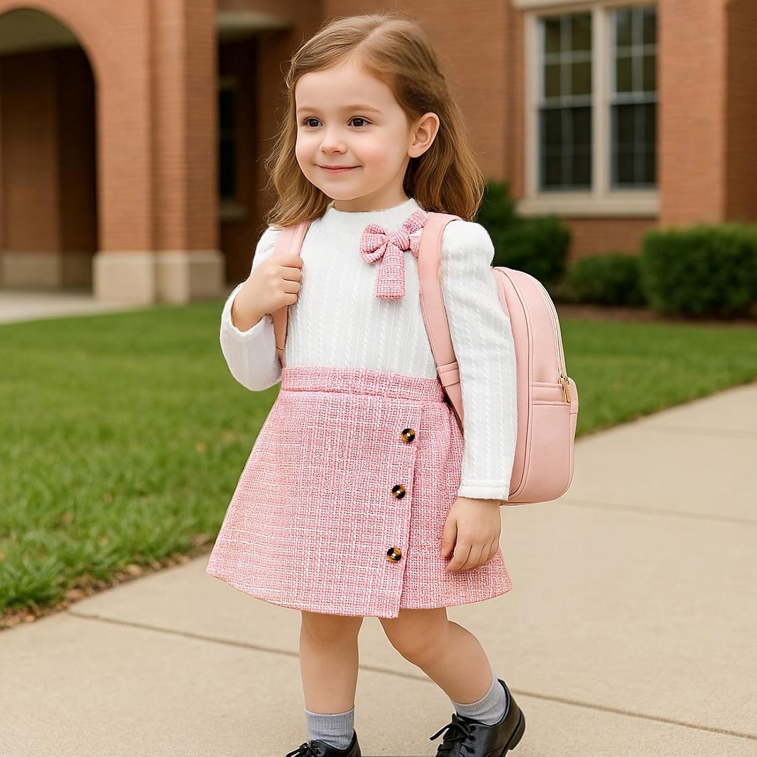 Toddler Girl Plaid Outfits Fall Winter Dress Knit Ribbed Bow Sweatshirt Tops and Button Fashion Skirts Set - Image 3