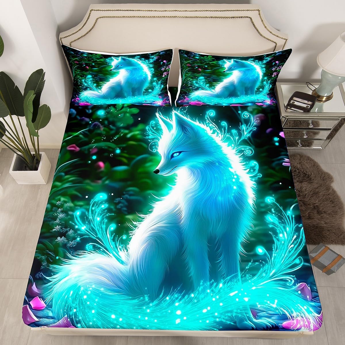 Feelyou Fox Fitted Sheet Twin Size Kids Cute Cartoon Fox Bed Sheet Set for Boys Girls Teens Glitter Animal Bedding Set Breathable Woodland Fox Bed Cover Nature Wildlife Bed Set