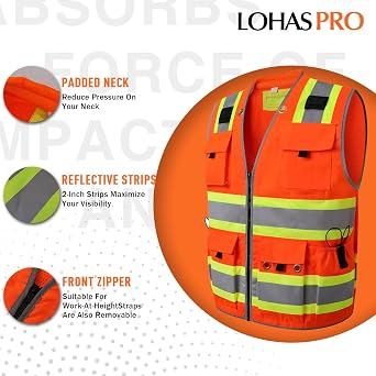 LOHASPRO Surveyor 安全ベスト 反射 男性用 高視認性 クラス2 ヘビーデューティー 安全ベスト ポケットとジッパー付き