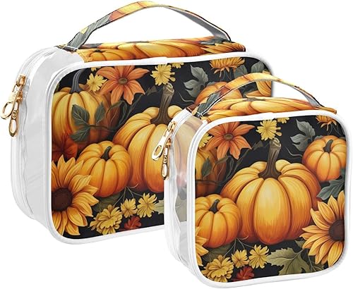 Bolsa de aseo transparente de girasol de calabaza otoñal para viajar, paquete de 2 bolsas de cosméticos de maquillaje con cremallera, bolsa de viaje