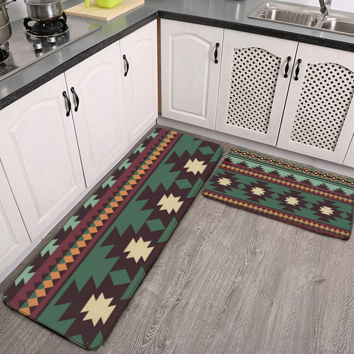 Mouthdodo 2 Pcs Kitchen Rug Set, Southwest Tribal Green Brown Non-Slip Kitchen Mats and Rugs Soft Flannel Non-Slip Area Runner Rugs Washable Durable Doormat Carpet, Green, Colorful, Brown, OneSize