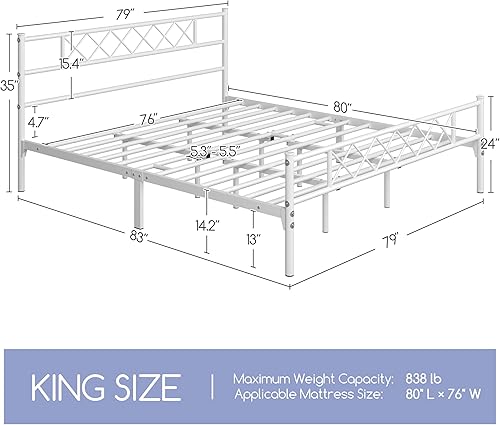 Miniatura 2 de Yaheetech Base de colchón de plataforma de metal tamaño King con cabecera y estribo, no necesita somier, almacenamiento debajo de la cama, listones
