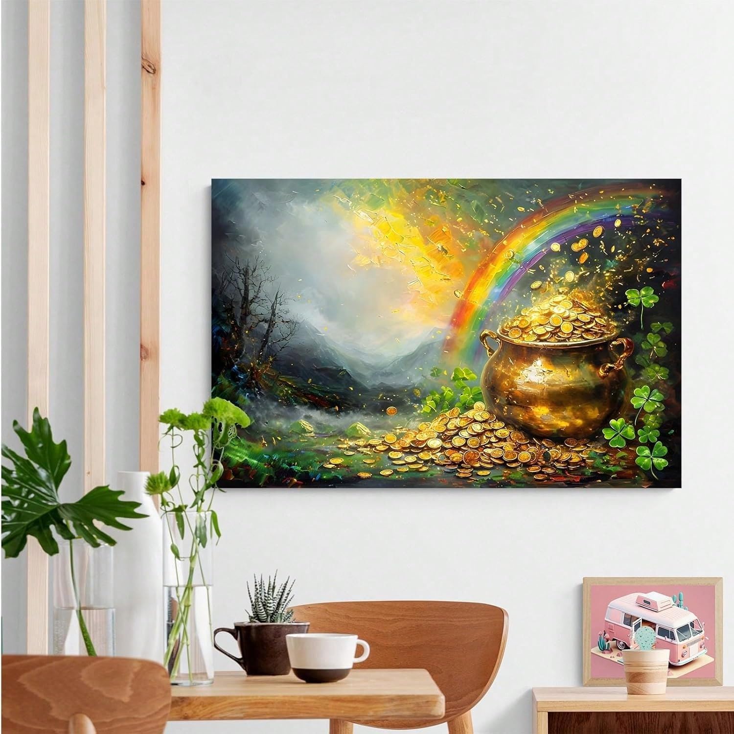 AIHNBF Topf voll Gold Regenbogen Leinwandbild - Glücksklee Schatz Landschafts-Druck für Wohnzimmer Deko, 30 x 45 cm