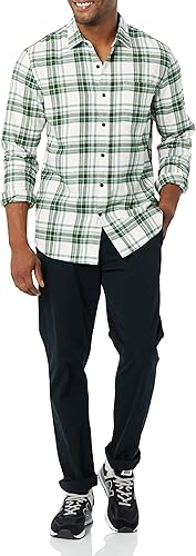 Miniatura 84 de Yaxa Essentials Camisas de franela de manga larga para hombre, corte ajustado, a cuadros con botones