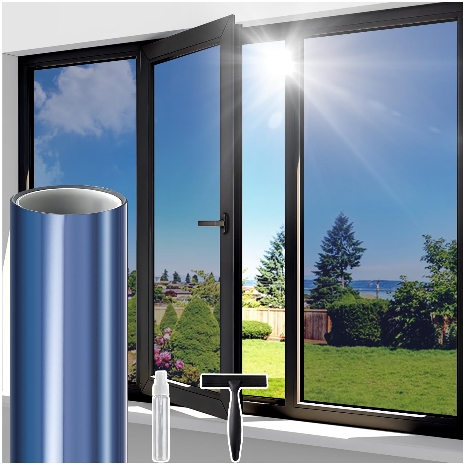 Lifetree One Way Clear Window Film Privacy: Heat Reflective Mirror Window Film for Glass Windows Daytime Anti Glare with Adhesive, UV Window Tint Film Sun Blocker for Home Office (Blue, 60 * 300cm)