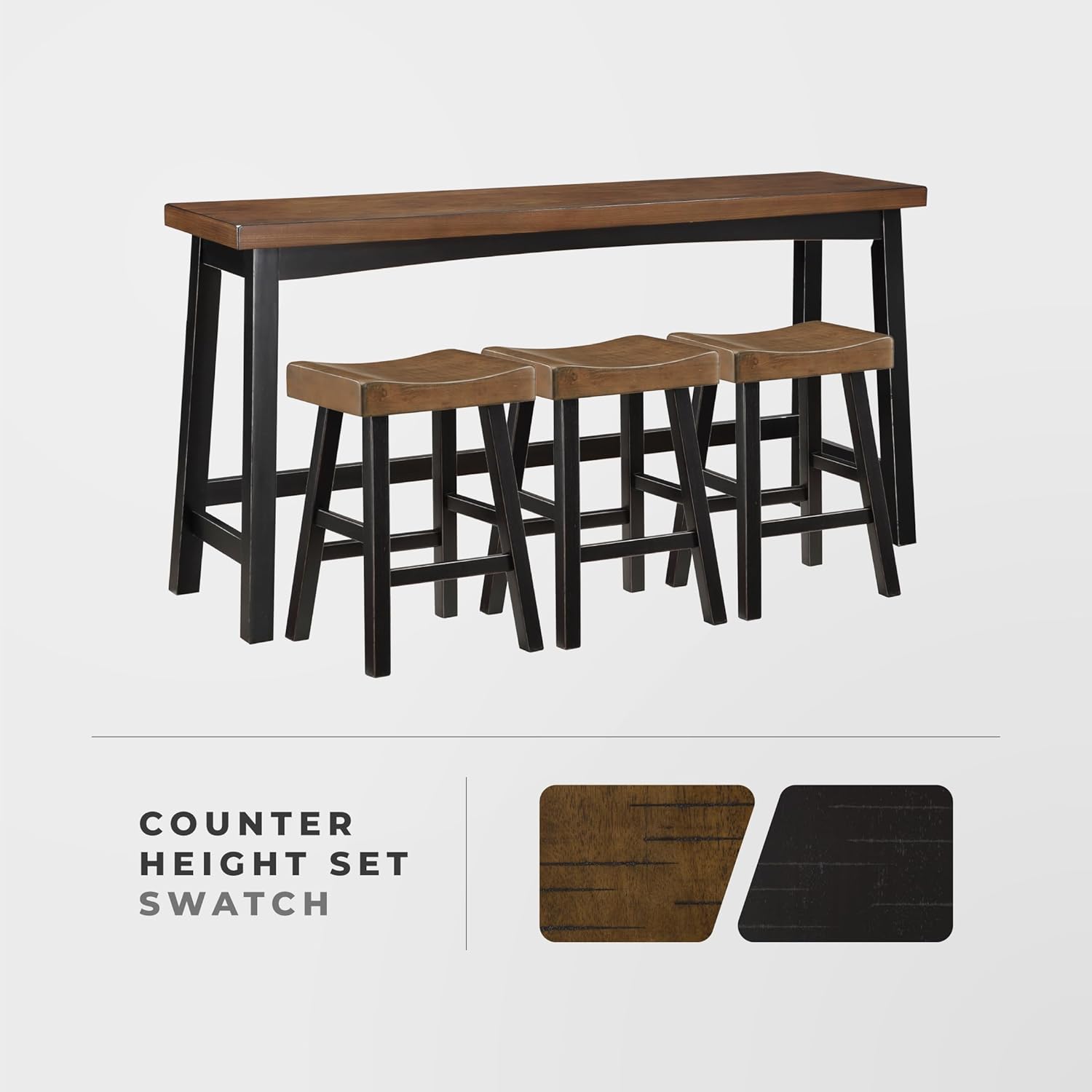 Lexicon Bar Table Set for 3, Small Kitchen Table Set Kitchen Island Table with 3 Saddle Bar Stools, 4 Piece Dining Table Set for Breakfast Nook, Living Room, Apartment, Counter Height, Black/Brown