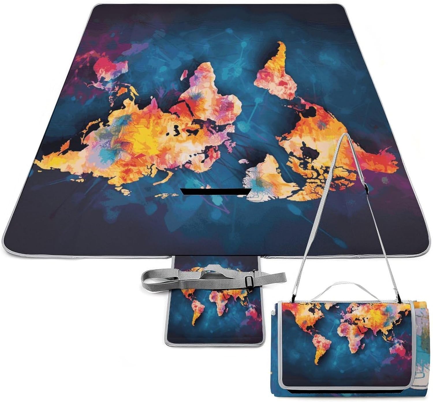 Abstract World Map Waterproof Picnic Blanket 58.3''x58.3'',Portable and Foldable Picnic Mat with Handle,Outdoor Blankets for Lawn Park Beach Travel