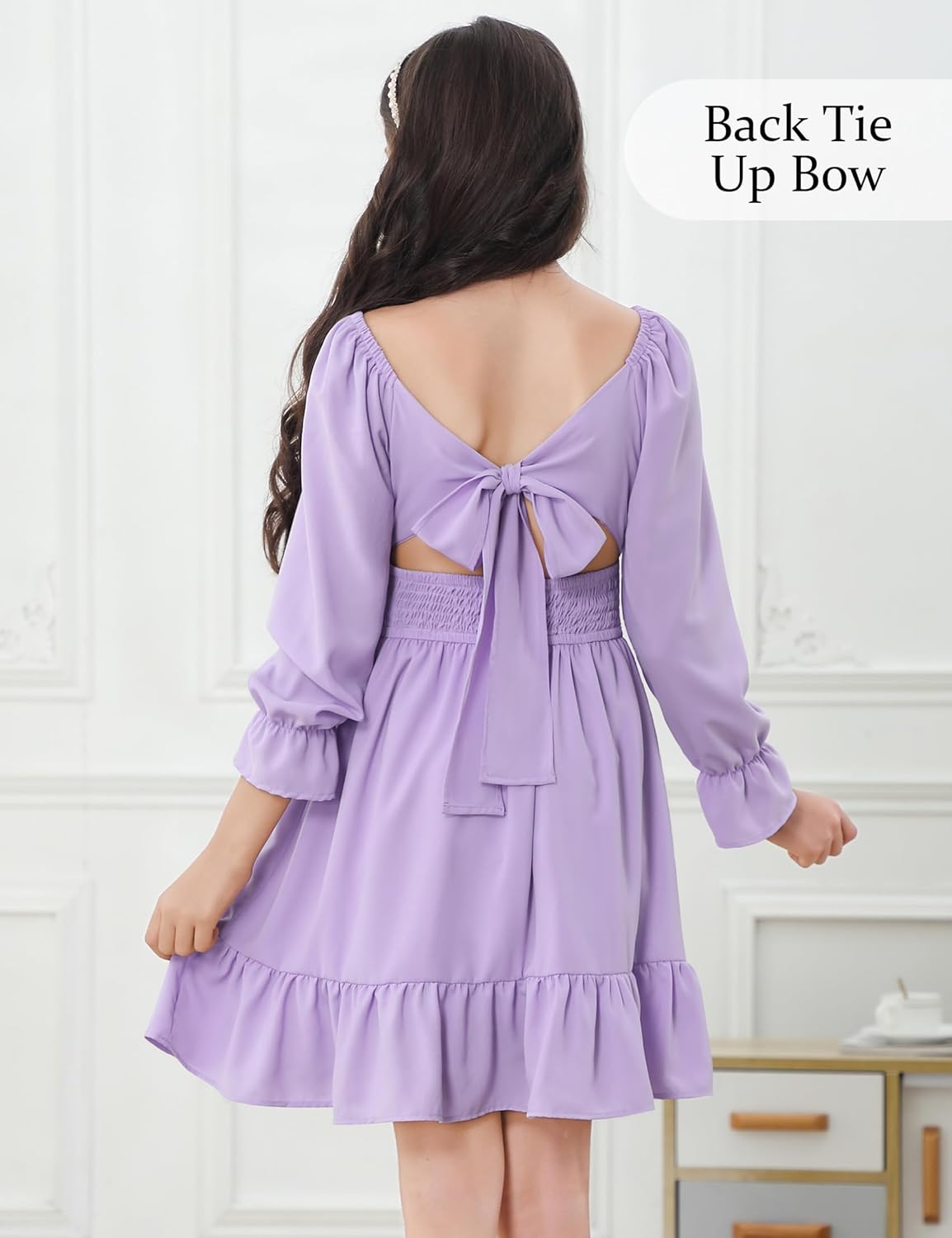 Durio Girls Dresses for Teens Girls Tie Back Off Shoulder Dress Cute Long Sleeve Dress Easter Kids School Party Dance Dresses - Image 2