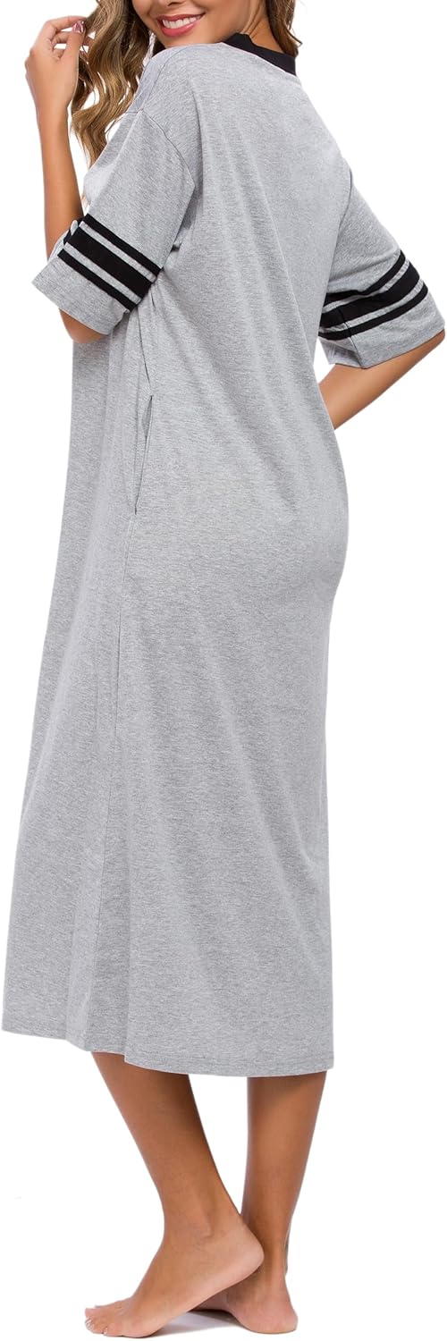 Womens Nightgown V Neck Knit Long Sleepwear Short Sleeve Soft Loungewear with Pockets S-XXL - Image 6