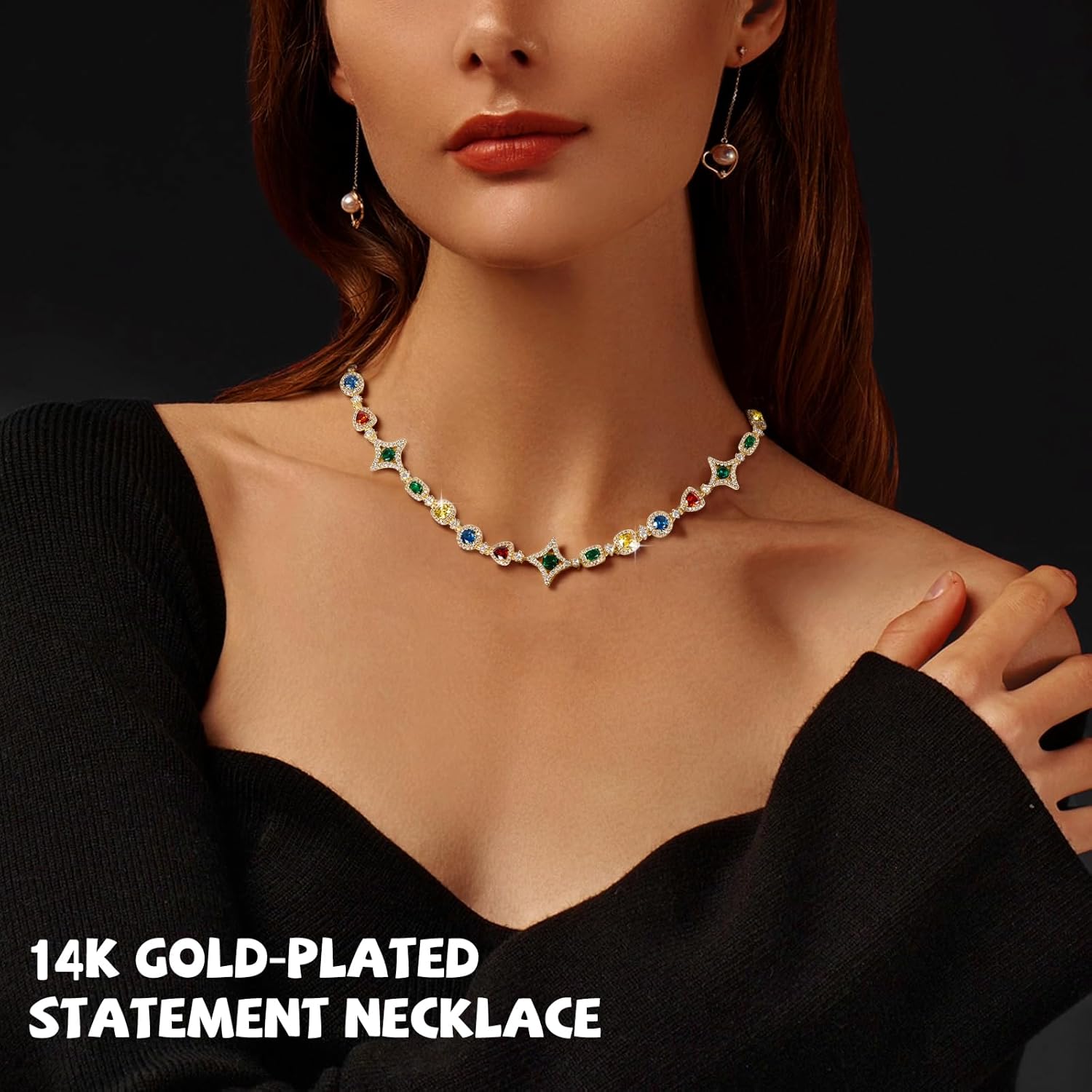 Tears of the Rainbow Hip-Hop Alloy Zirconia Necklace for Men & Women, Colorful Gemstone Statement Jewelry, Unique Urban Style Chain for Streetwear, Unisex Bold Design Gift Necklace for Men - Image 4