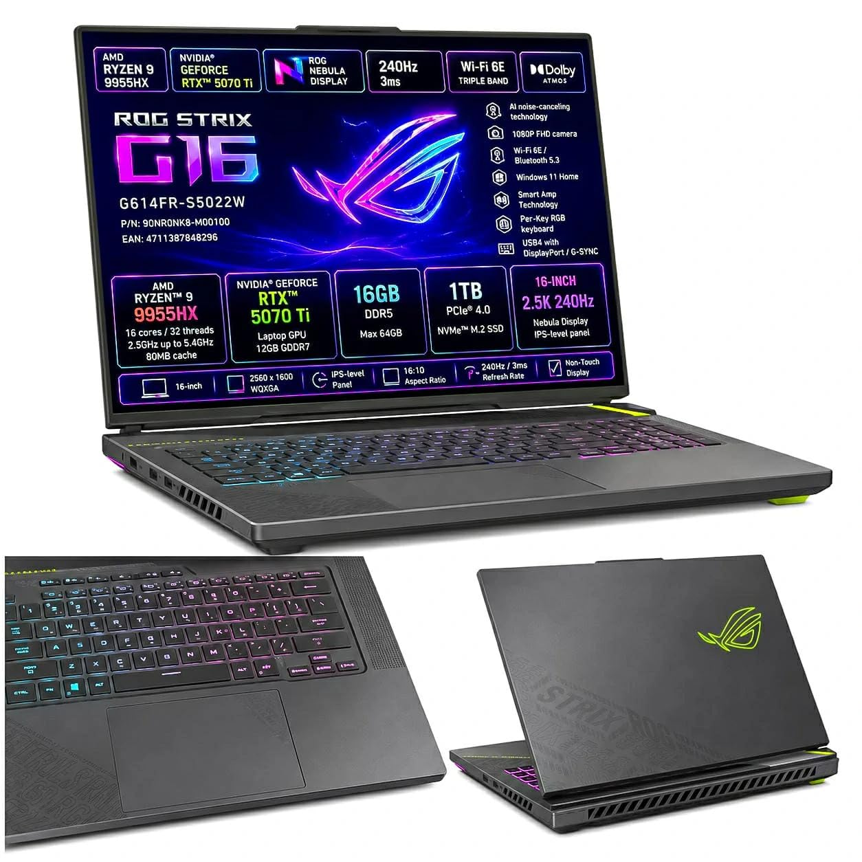 ASUS ROG Strix G16 G614FR-S5022W AMD Ryzen 9 9955HX 16GB NVIDIA GeForce RTX 5070 Ti SSD 1TB 16'' 2.5K WQXGA Win11 Home