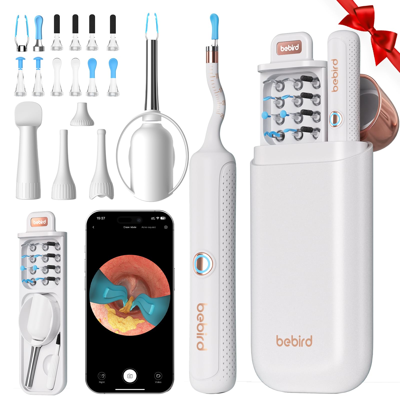 Bebird Earsight Plus R37R Ear Cleaning Camera Wax Removal Tool kit, Flexible Earwax Cleaner Scope Otoscope Cam Light, Visual Earpick Tweezers Wireless Ear-Wax Remover for Family - White