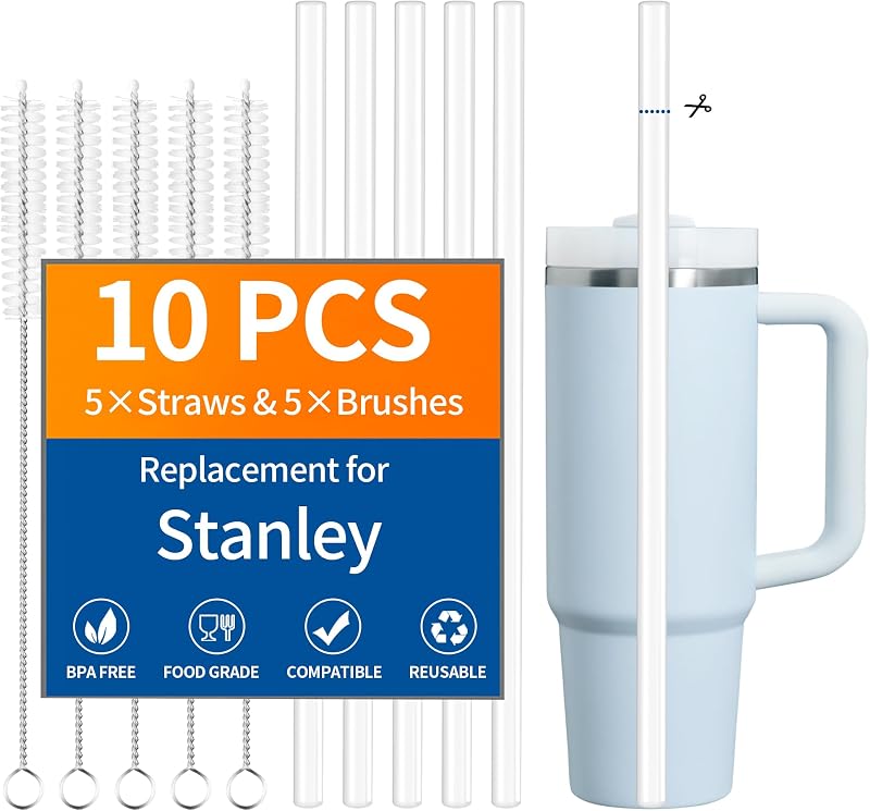10 Pack Replacement Straws for Stanley 40/30 oz, Cut-to-Fit Long Straw Fits Hydro Flask Wide Mouth & Universal Cups, BPA-Free Reusable Plastic Straws with Cleaning Brush (11.42")