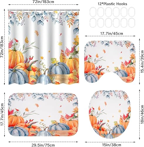 Miniatura 2 de Juego de 4 cortinas de ducha de otoño, juego de baño de calabaza de otoño con cortina de ducha, alfombras antideslizantes, cubierta de tapa de