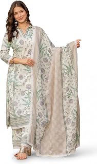 Aradhika Women's Pure Cotton Botanical Floral Printed Straight Kurta Set with Palazzo and Dupatta | 3 Piece Off White Ethn... Price In India