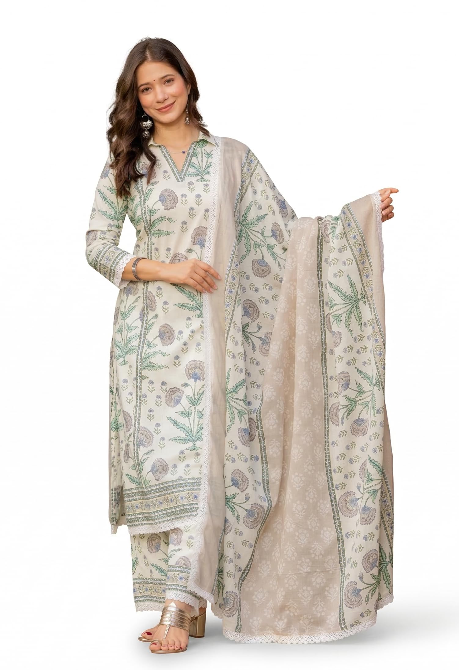 aradhika Women's Pure Cotton Botanical Floral Printed Straight Kurta Set with Palazzo and Dupatta | 3 Piece Off White Ethnic Wear | Lace Detailing | Soft & Breathable Kurta Suit Set-picture-27