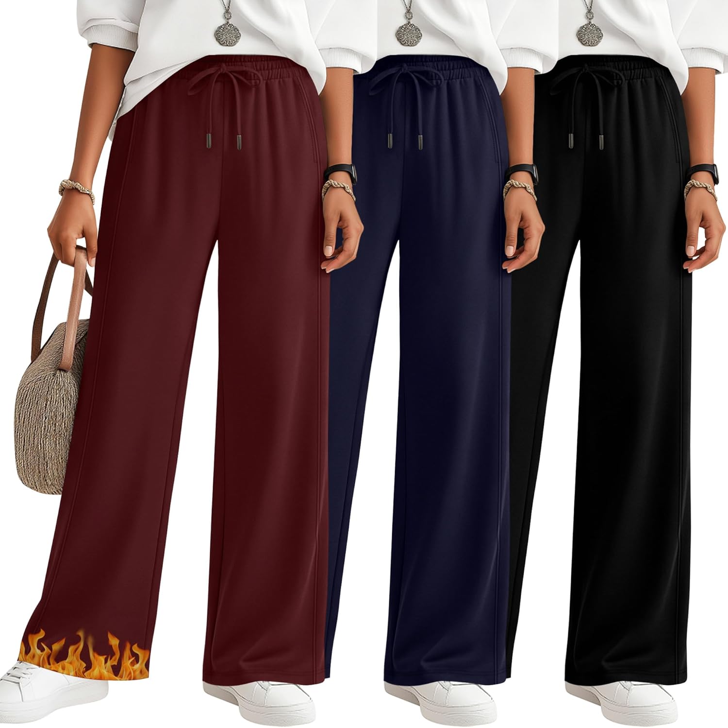 3 Pack Women's Fleece Lined Sweatpants Thermal Straight Leg Pants Lounge Wide Leg Slacks with Pocket Warm Jogger