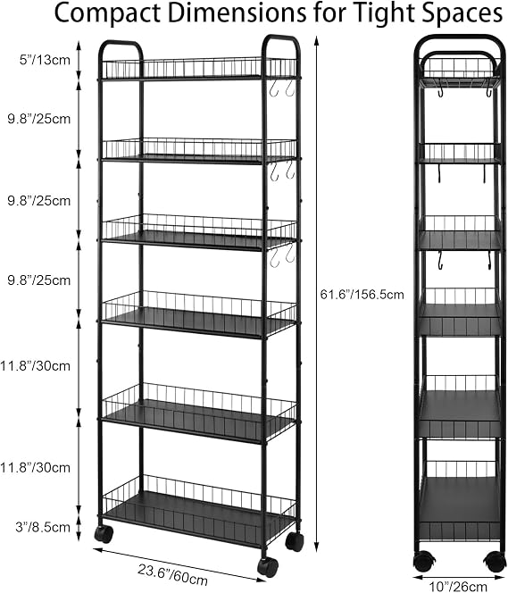 6-Tier Slim Rolling Storage Cart with Wheels, Narrow Metal Organizer Shelf Unit for Kitchen, Bathroom, Laundry, Office, Garage Black, 10 Wide