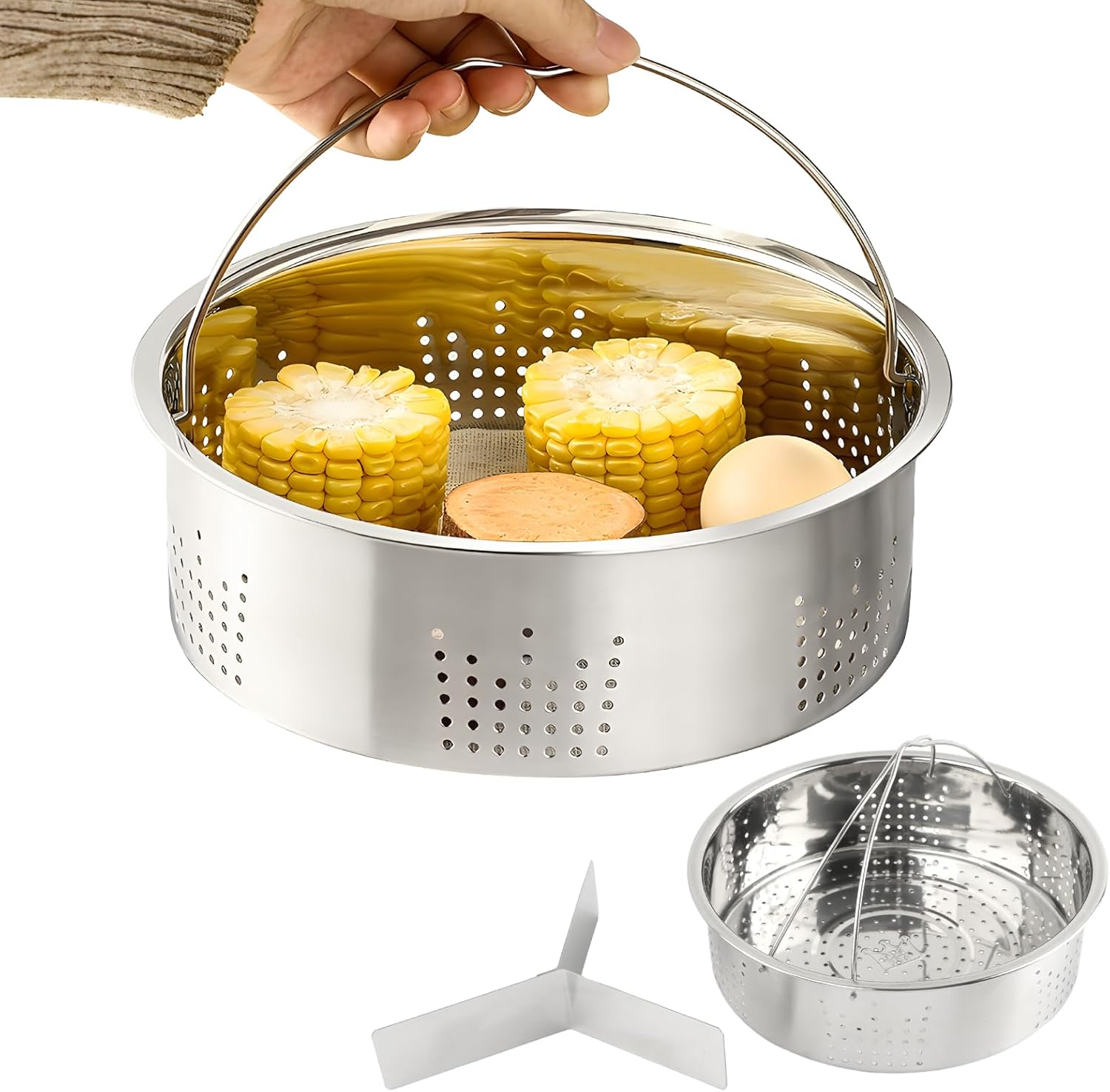 Stainless Steel Vegetable Steamer Basket, Insert Steaming Rack with Handle, Mesh Steaming Basket Holder Trio Separator Set for Pressure Cooking(SIZE:8.27 * 5.12inch)