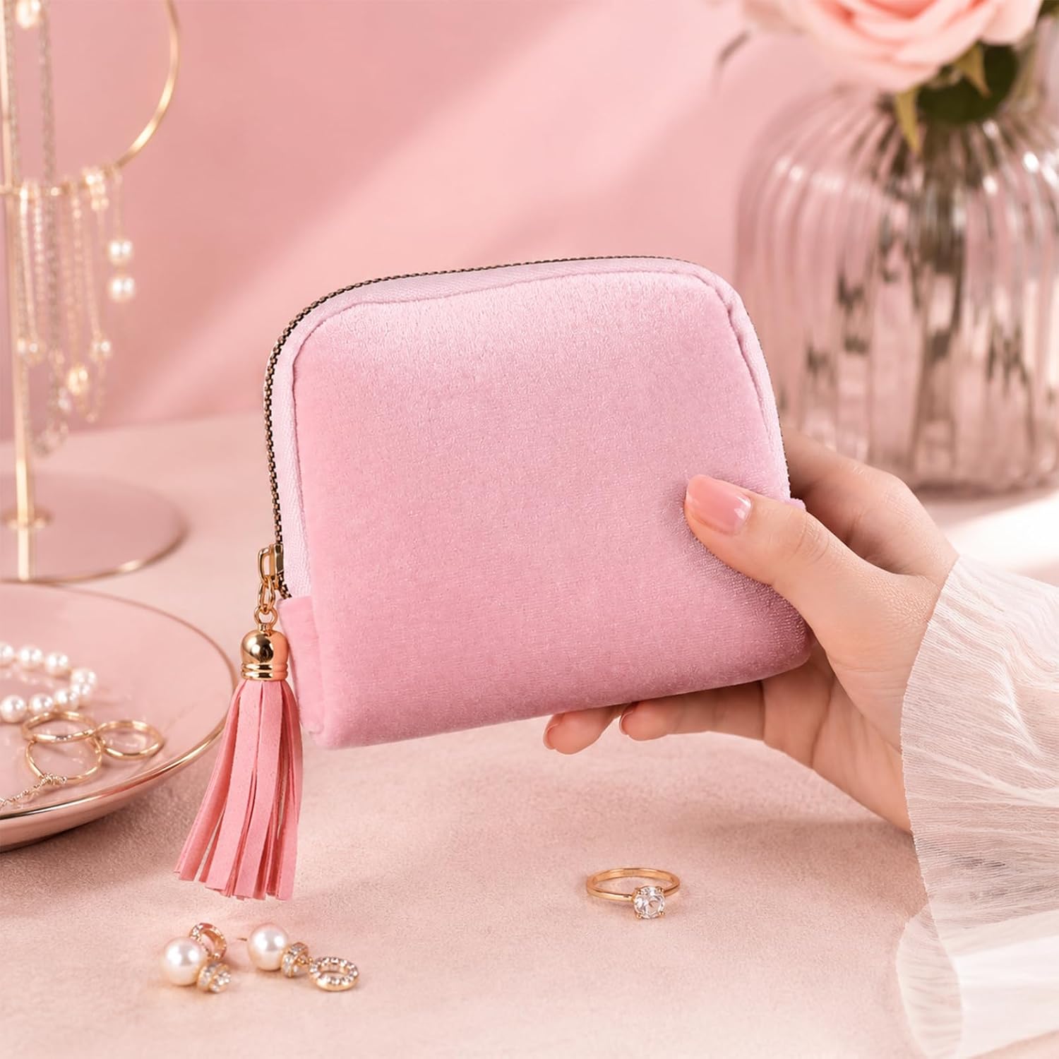 Travel Jewelry Pouch, Small Travel Jewelry Case with Tassel Zipper