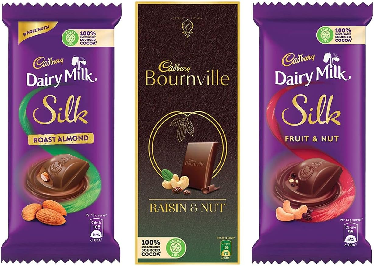 Cadbury Chocolates Combo (2 x Silk Roast Almond 58g, 2 x Silk Fruit and Nut 137g and 2 x Bournville Raisin Nut 80g)