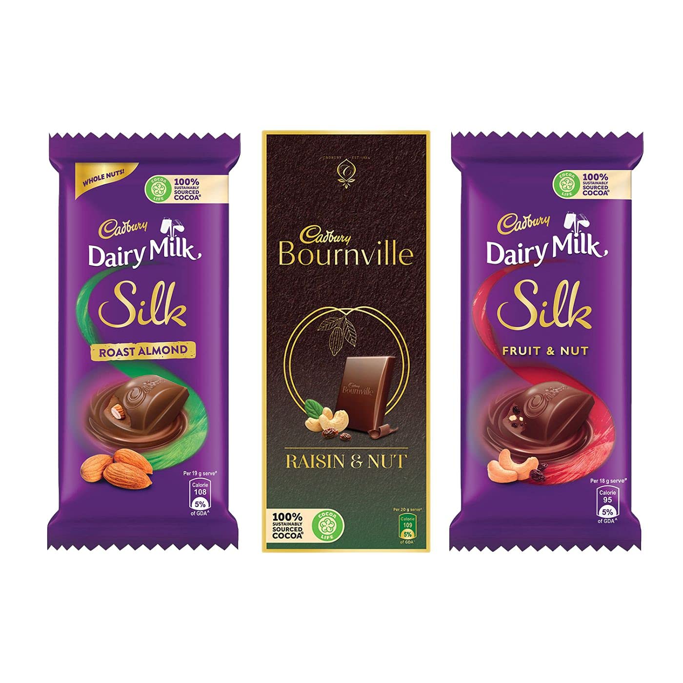 Cadbury Chocolates Combo (2 x Silk Roast Almond 58g, 2 x Silk Fruit and Nut 137g and 2 x Bournville Raisin Nut 80g)