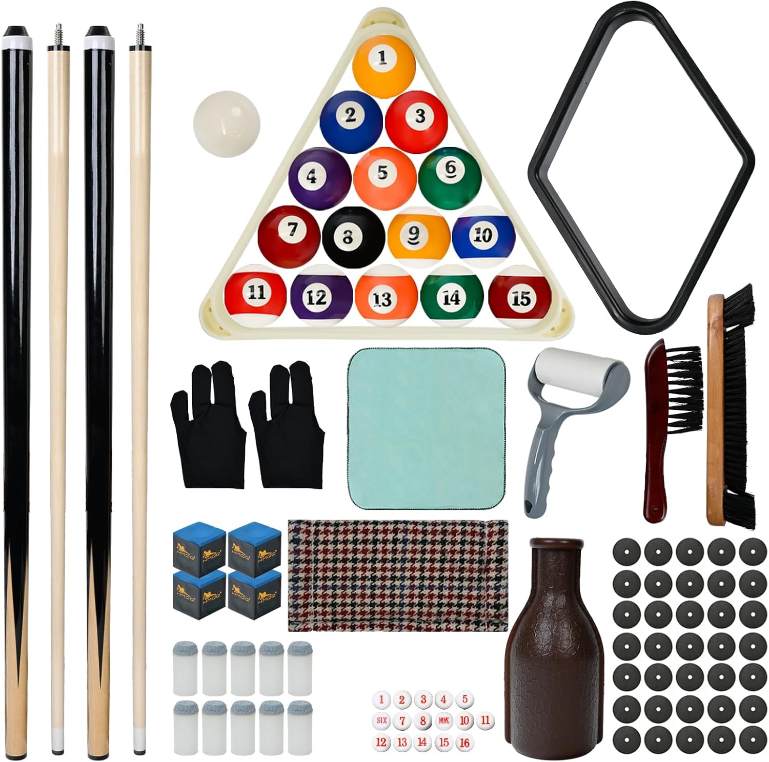 93-Piece Pool Table Accessories Set with Nano Chalk,2-1/4” Billiard Balls,58” Pool Cues,Triangle Racks,Tips, Gloves,Stickers,Cleaning Brush & Cloth–Complete Billiards Kit for Home Game Rooms
