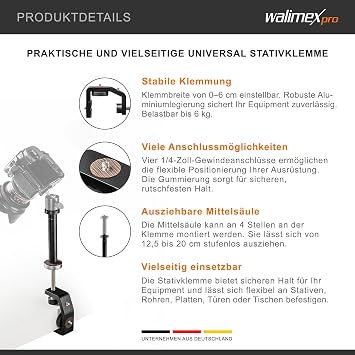 Walimex pro KX-20 Stativ Klemme – Klemmstativ Blitzklemme Aluminium mit ausziehbarer Mittelsäule 125-20 cm für Kamera LED Leuchten Halterung für Stativ Rohr Platte Tisch