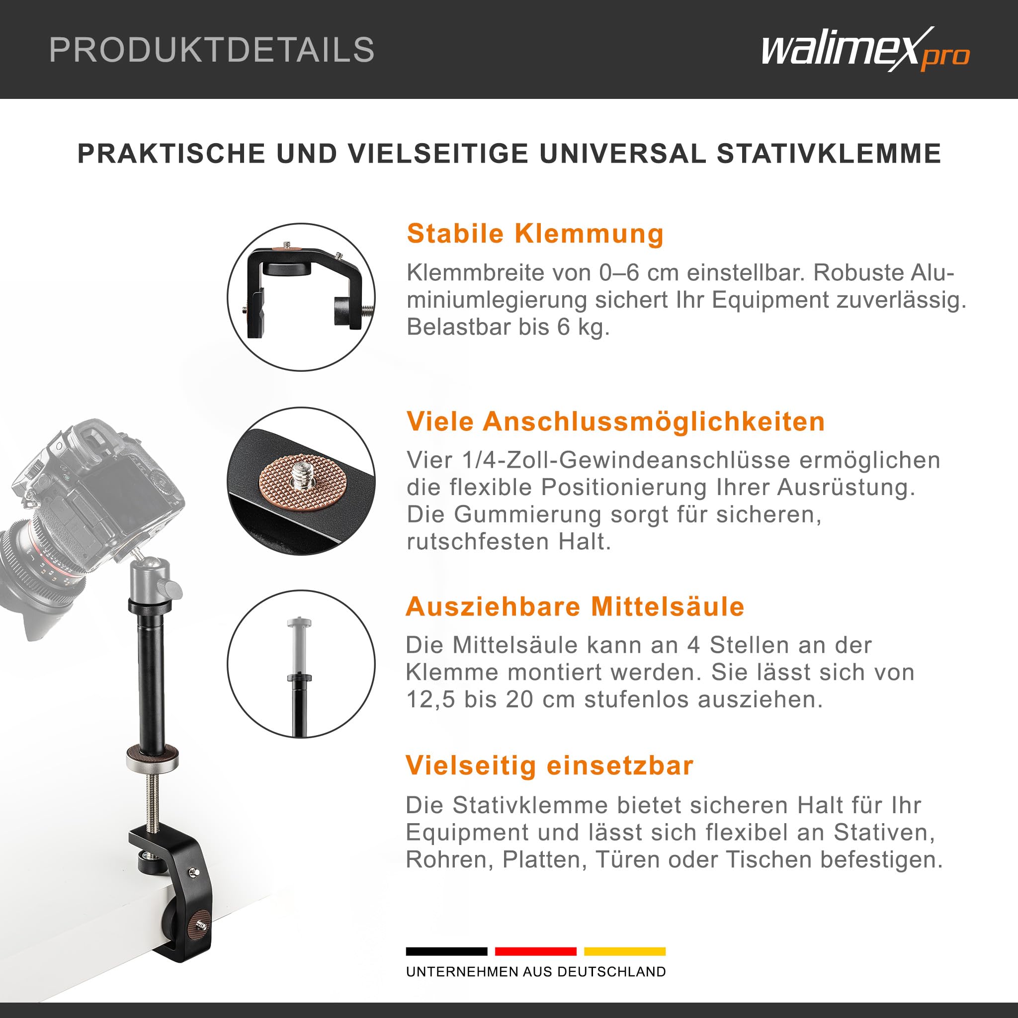 Walimex pro KX-20 Stativ Klemme – Klemmstativ, Blitzklemme, Aluminium, mit ausziehbarer Mittelsäule 12,5-20 cm, für Kamera, LED Leuchten, Halterung für Stativ, Rohr, Platte, Tisch