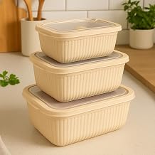 3-Piece Microwave Compatible Rectangular Food Storage Container Set Sealed Refrigerator Freezer with Lid Suitable Beige