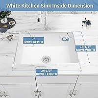 Vista 5 de MONSINTA Fregadero de cocina blanco, fregadero de cocina compuesto de granito blanco de 27 pulgadas, fregaderos pequeños y profundos de 27 x 18 x 9
