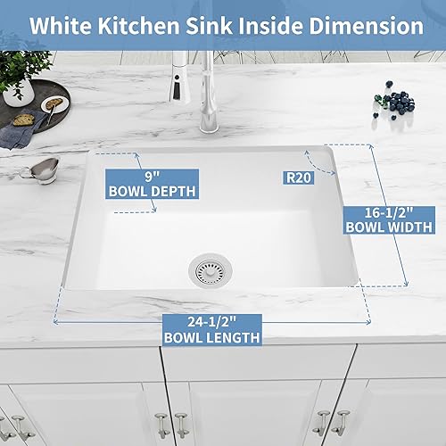 Miniatura 5 de MONSINTA Fregadero de cocina blanco, fregadero de cocina compuesto de granito blanco de 27 pulgadas, fregaderos pequeños y profundos de 27 x 18 x 9