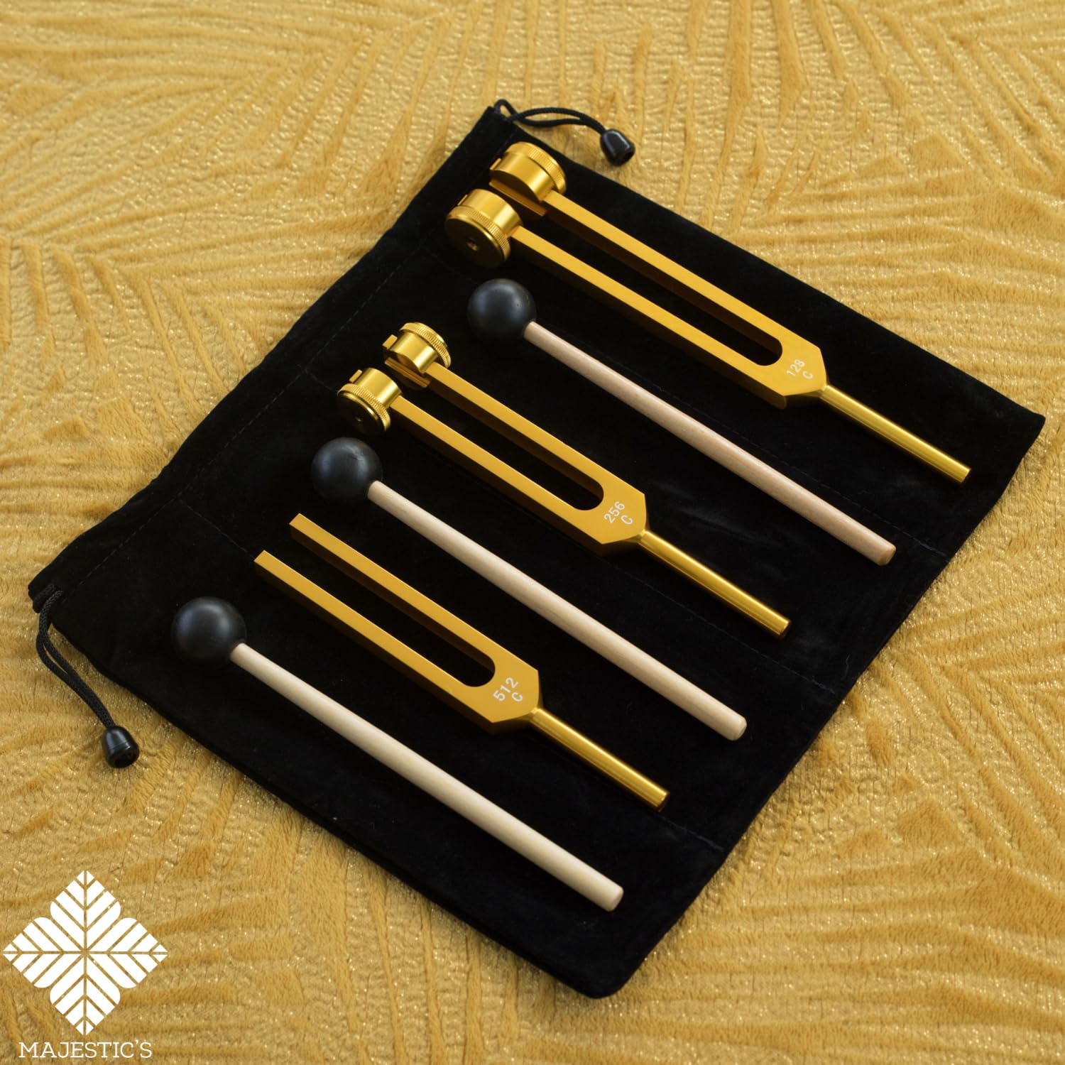 Diapason Medico 128 Hz, 256hz, 512hz Professionale (Confezione da 3) in Alluminio Dorato, per la Terapia del Suono di Meditazione Yoga, Strumento con Martello e Custodia inclusa