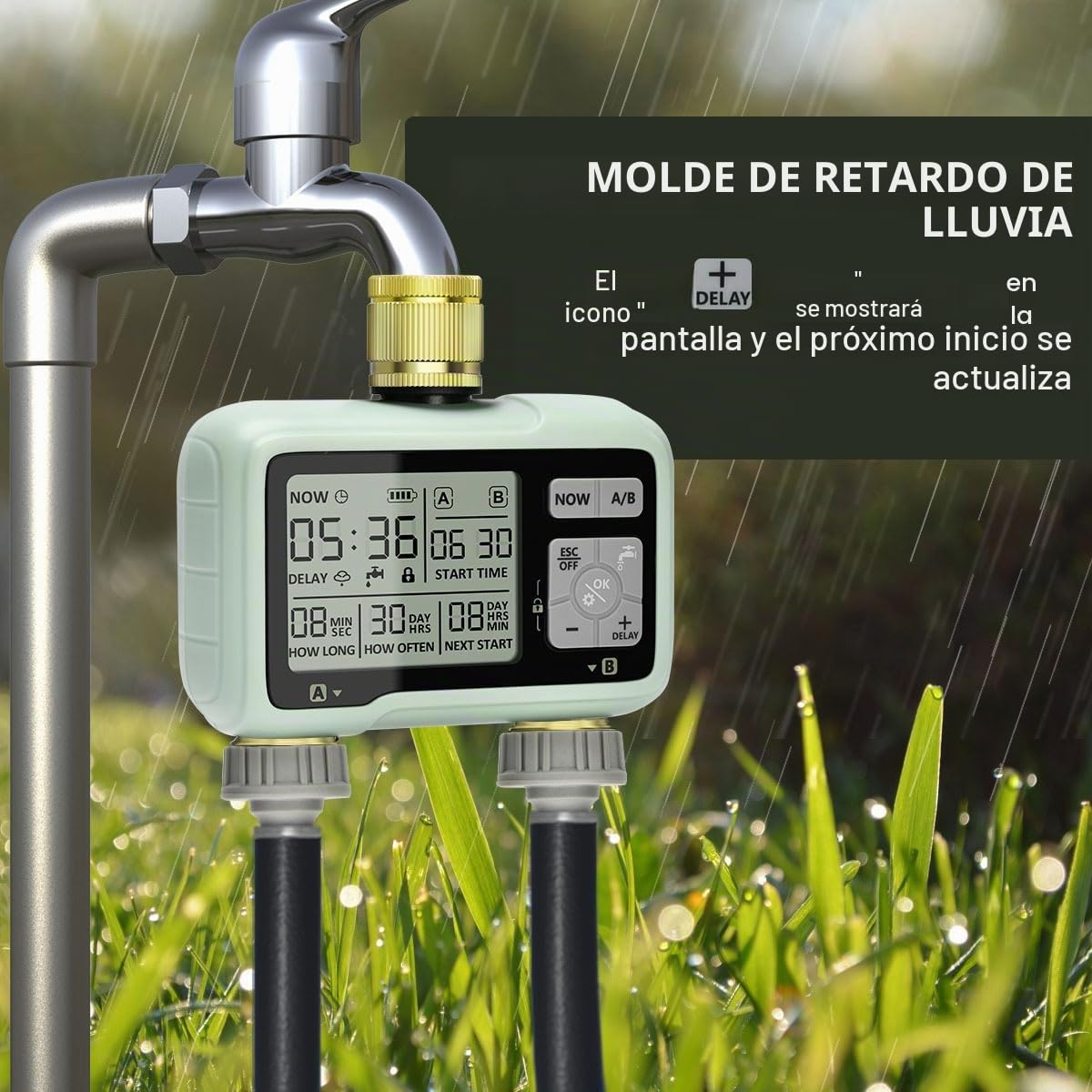 Johgee Ordenador de Riego Digital con 2 Salidas con Entrada de Latón, Pantalla LCD y Control Automático/Manual - Temporizador de Agua para Jardín