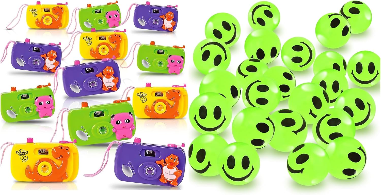 ArtCreativity Camera Toy Set (Pack of 12) & Glow in The Dark Smile Face Balls (Pack of 36)