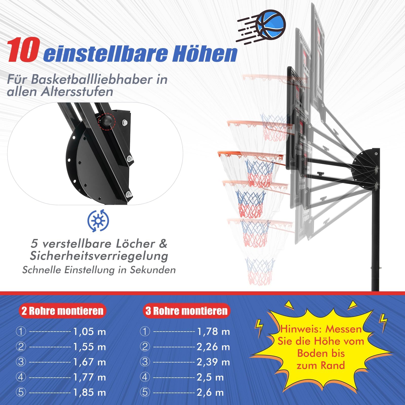 COSTWAY Basketballständer 105-260 cm höhenverstellbar, Basketballkorb Outdoor mit Ständer & 2 Rädern, Korbanlage mit Gewichtssack, Mobile Basketballanlage für Kinder, Jugendliche