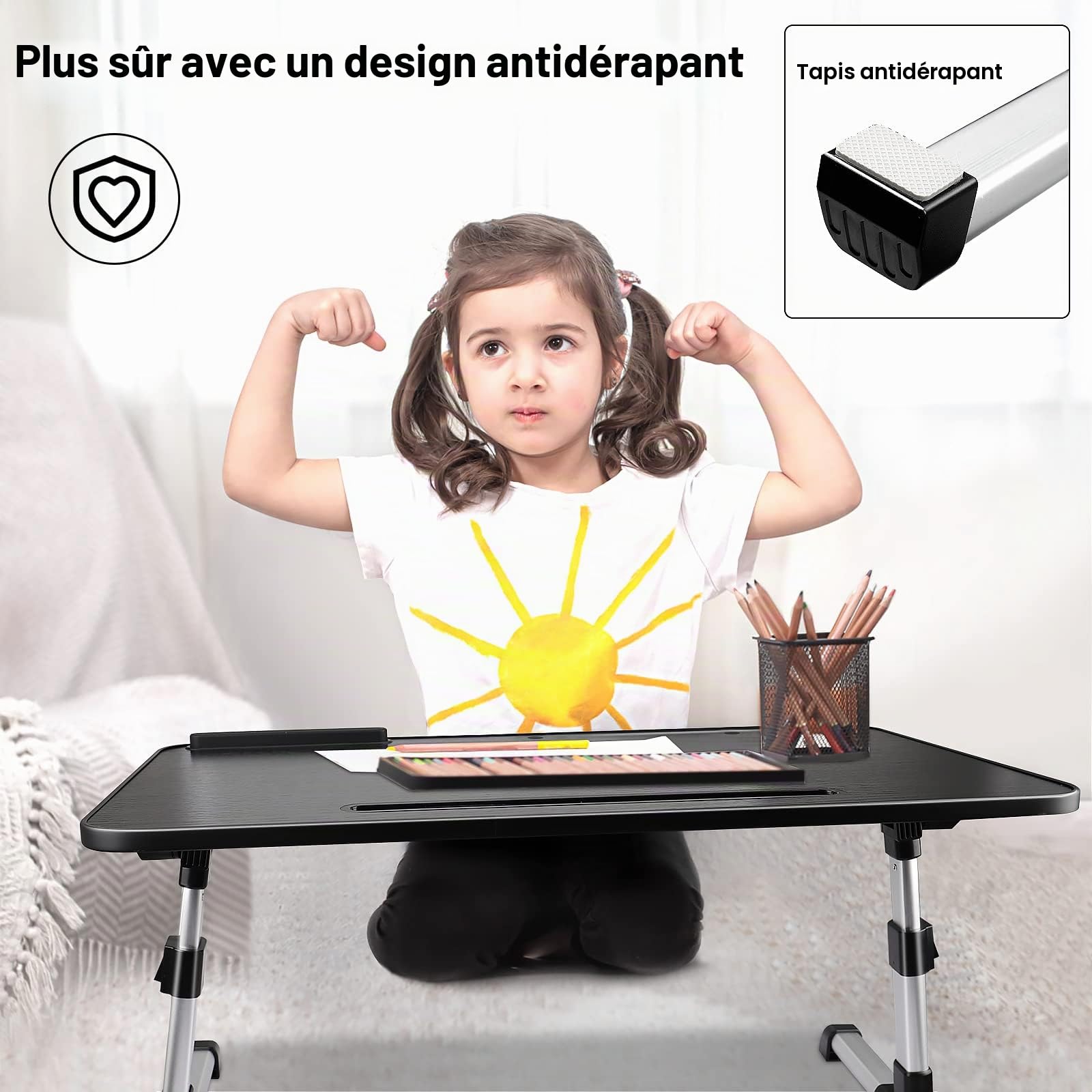 Table de Lit pour Ordinateur Portable, Pliable, Réglable en Hauteur et Angle, Plateau de Lit avec Tiroir/Refroidisseur PC Portable, Table pour Canapé/Sol (53 x 30 cm, Noir)