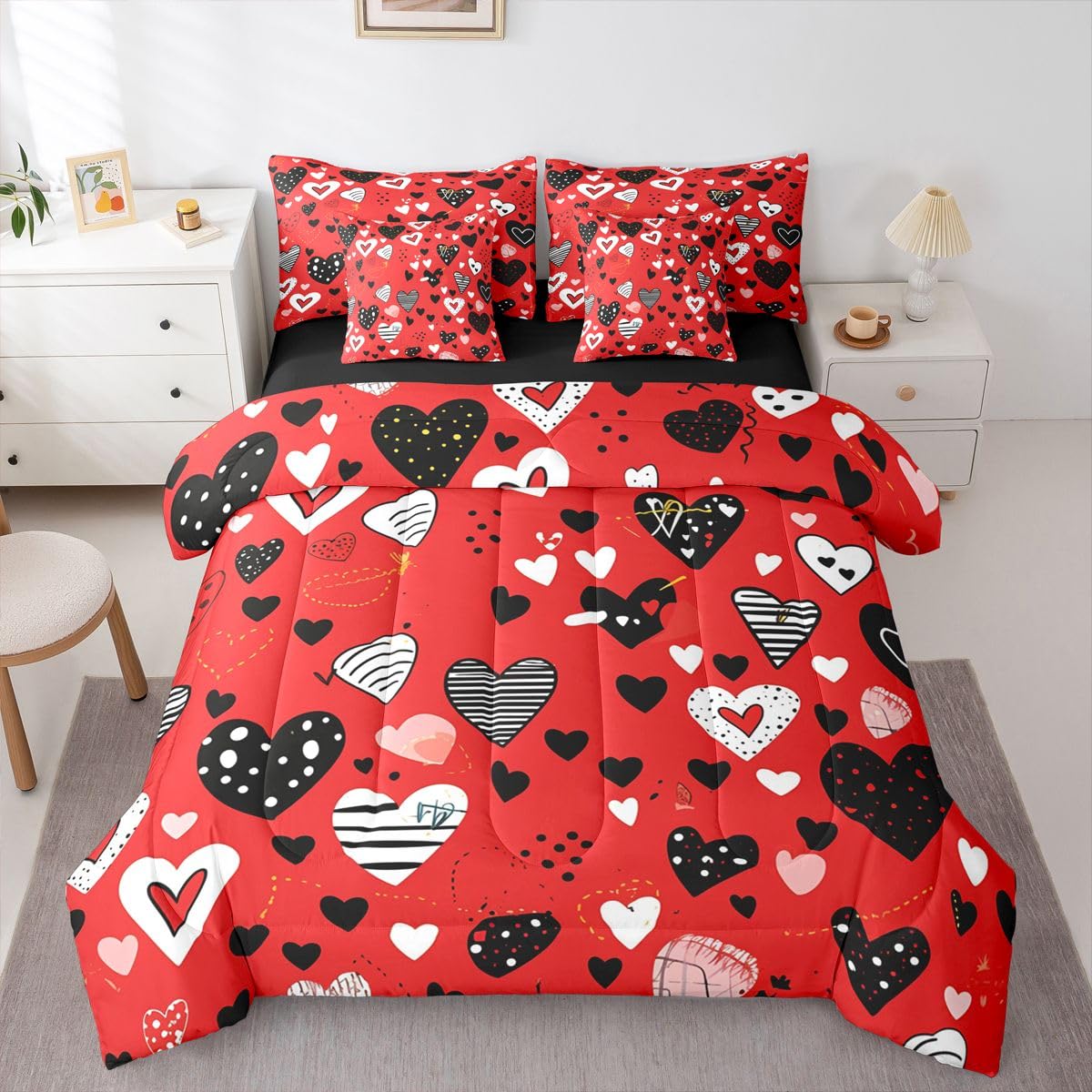 Erosebridal Love Heart Comforter Set Full 7 Piece Red Heart Shaped Bed in A Bag Romantic Valentine Theme Bedding Sets for Kids Girls Geometric Stripes Sheet Set with Comforter