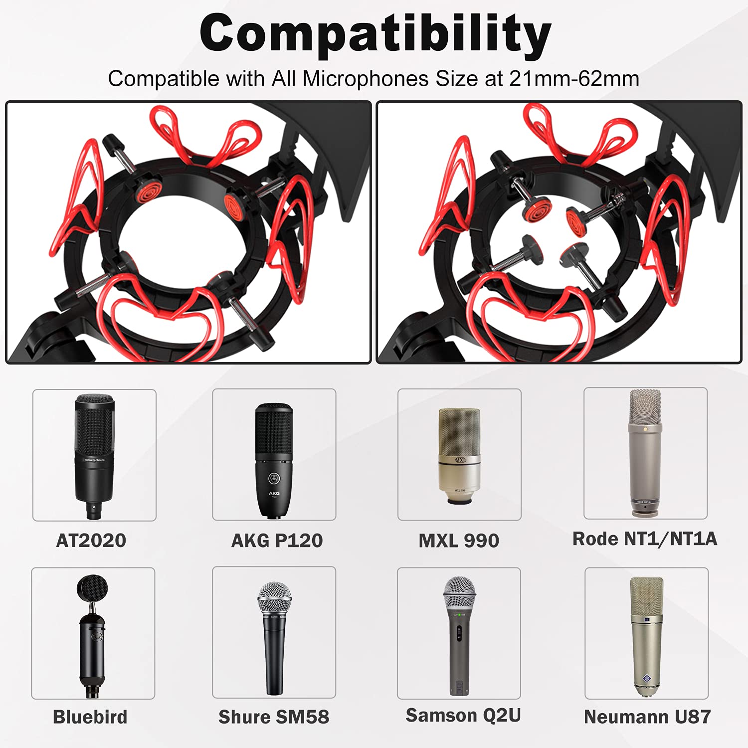 Universal-Mikrofon-Stoßhalterung mit Pop-Filter für alle Mikrofone mit einer Größe von 21 mm - 62 mm, inklusive Anti-Vibrationsmikrofonhalterung und Pop-Filter (rot)