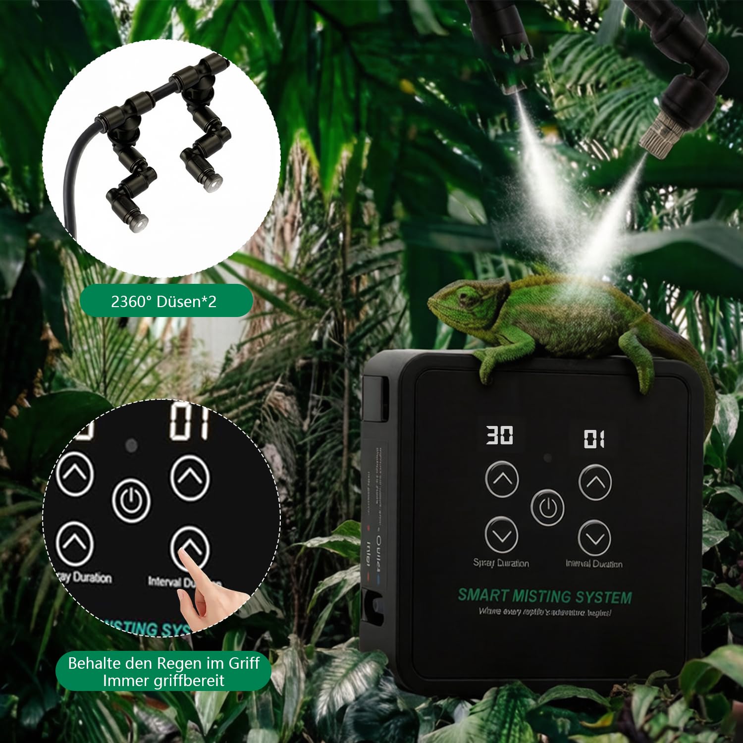 Reptilien Benebelungssystem Terrarium, Intelligentes Reptilien Luftbefeuchter mit Schlauch mit Timer und Sprühdüsen 360 ° Verstellbare, Vernebler Terrarium für Amphibien Pflanzen