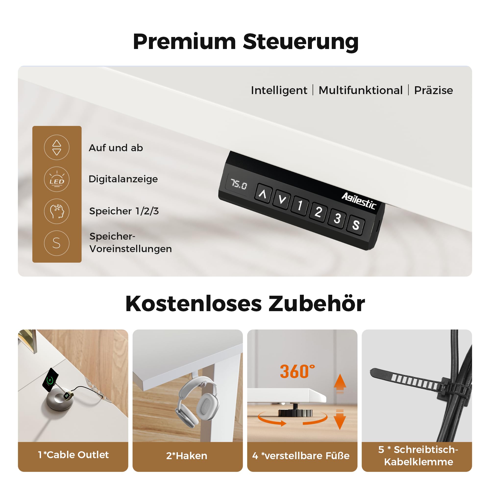 Agilestic L-förmig Höhenverstellbarer Schreibtisch mit den Maßen 190 x 155 cm, Ergonomischer Computertisch mit Stehen und Sitzen, Konzipiert für Eckräume, Weiß