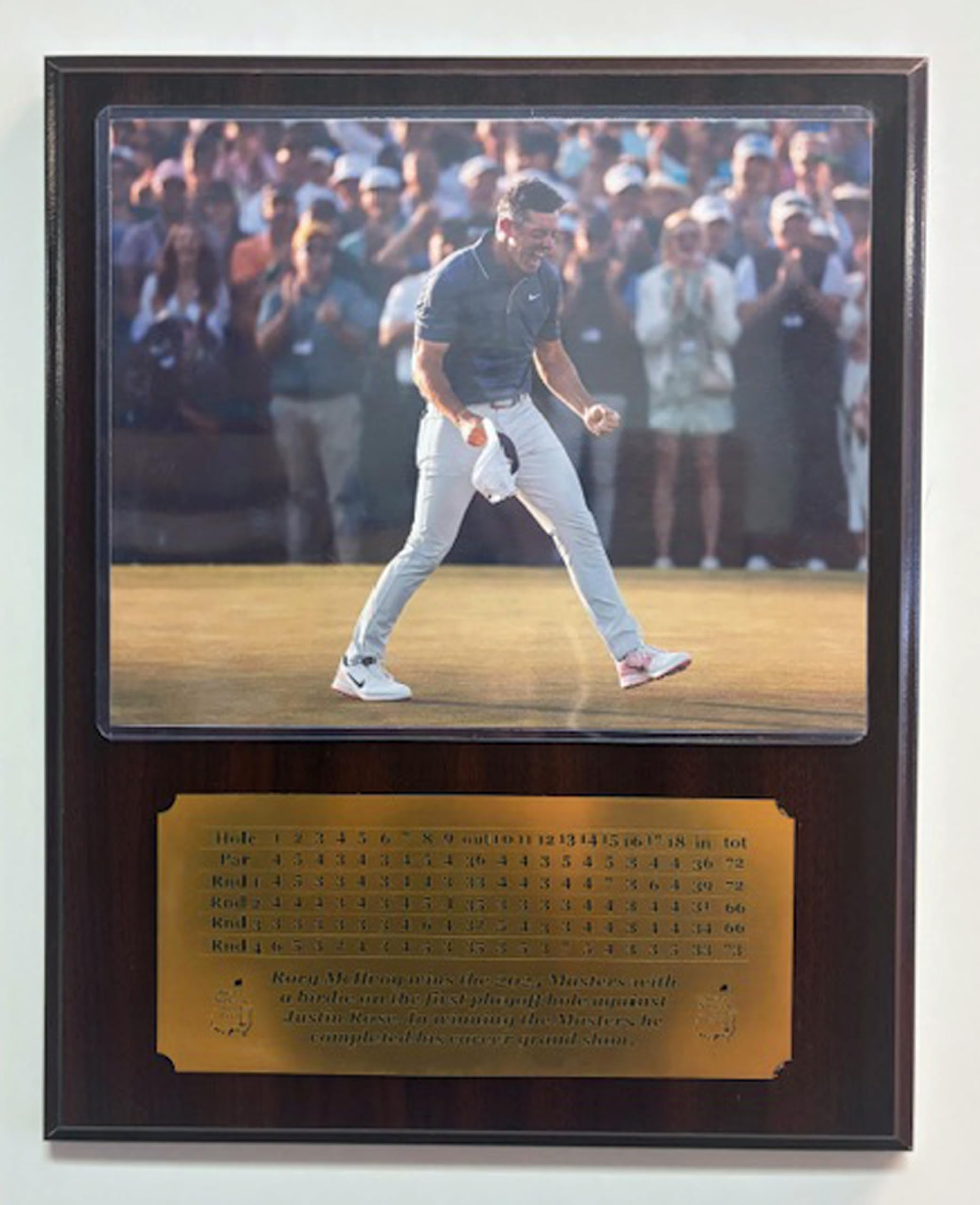 2025 Masters Champion Rory McIlroy 8x10 Photo Plaque with an engraved 4 day scorecard nameplate (Mahogany)