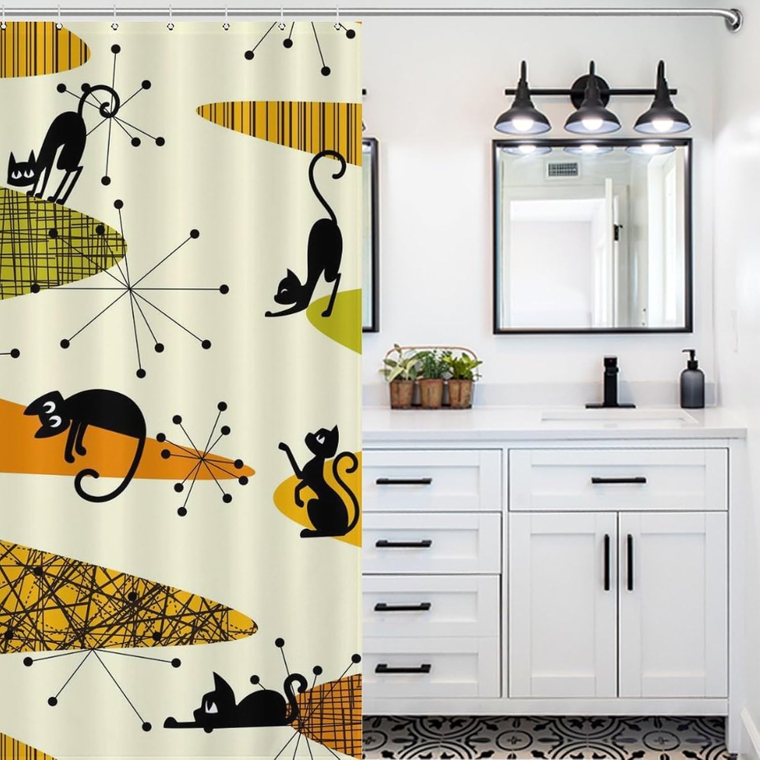 Cat Shower Curtains,Mid Century Retro Abstract Atomic Geometric Vintage Boho 1950s 1960s Pattern Print Yellow Bathroom Waterproof Fabric Bath Shower Curtain Set with Hooks,72x84Inch