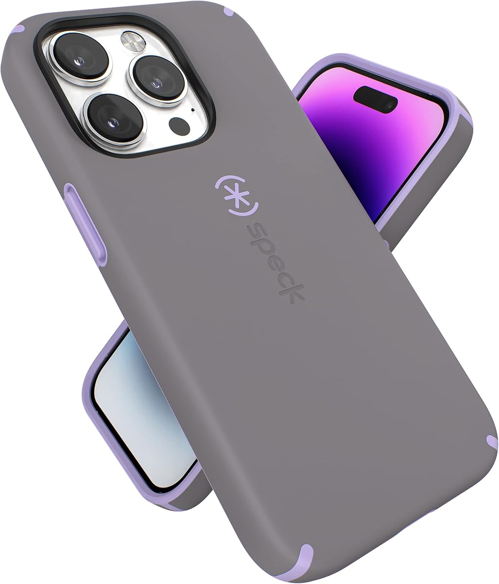Speck CandyShell Pro Funda para iPhone 14 Pro (6.1") – Funda protectora delgada de doble capa para teléfono, cubierta de agarre suave al tacto, resistente a los arañazos y a prueba de caídas – Gris nube/morado primavera