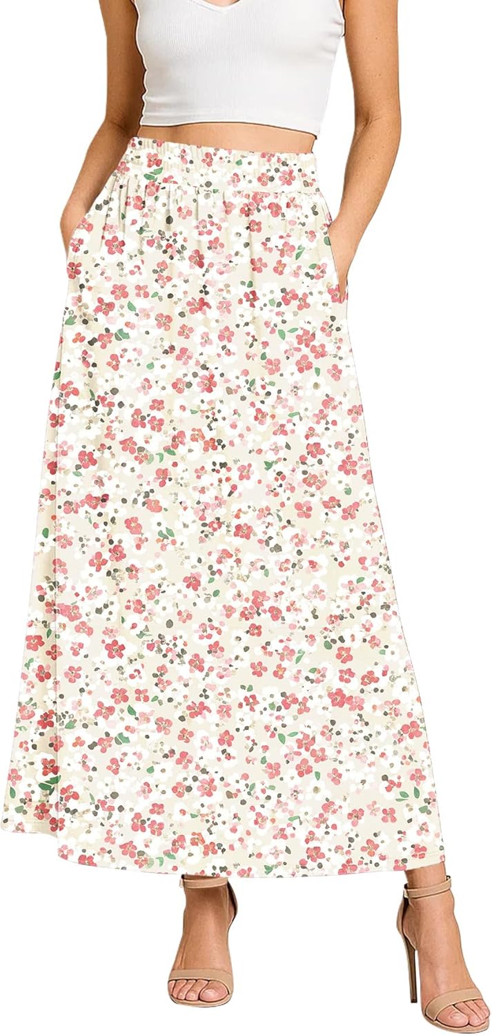 Women's Flowy Maxi Skirts Elastic High Waisted Casual A-Line Long Skirt with Pockets 2026 Trendy