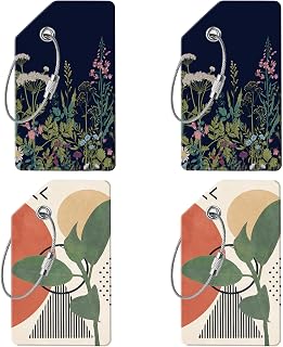 4 Luggage Tags, (1" Smaller Than Traditional) Perfect for Quick Luggage Identification with Stainless Steel Ring and Address Card for Travel and Luggage (Black Flowers + Green Leaves)