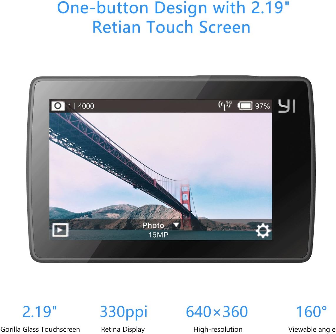 YI 4K Action Camera, 4K/30fps Video 2h Recording Time with 2.2” Touch Retina Screen Sony IMX377 Image Sensor Live Sports Camera 40 Meters Waterproof Camera (Waterproof Case Not Included)