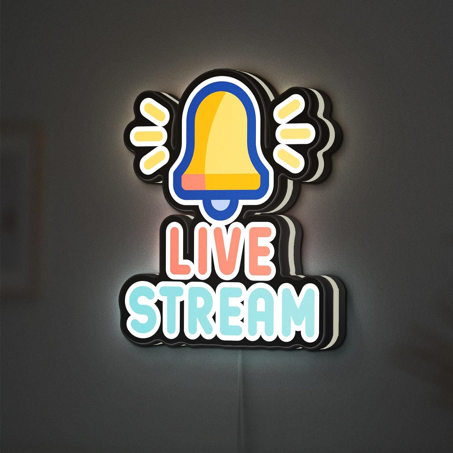 Live Streaming Inspired 3D Novelty Light Box, Bell Notification and Stream Themed Wall Art, Decor for Content Creators and Streamers (Width 24 inch, 60cm)