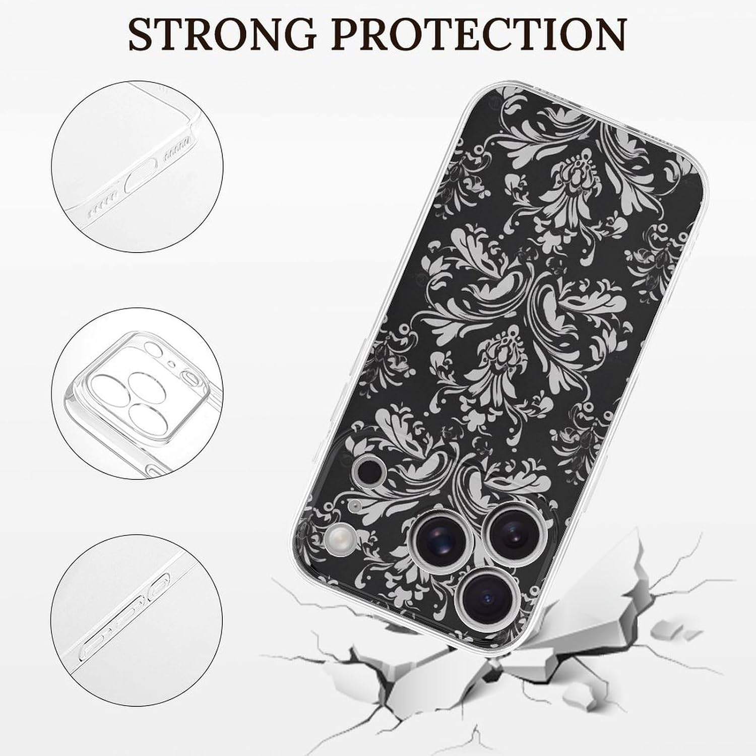 Clear Phone Case for iPhone 17 Pro Case, Damask Pattern Prints Shockproof TPU Cell Cover with Wireless Charging, Anti-Yellowing, Transparent image 2