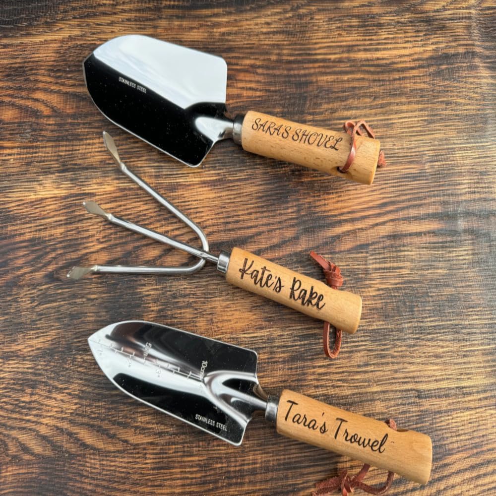 Personalized Garden Tools Gift Set for Gardeners - Custom Gardening Wooden Shovel, Trowel, & Rake with Bag